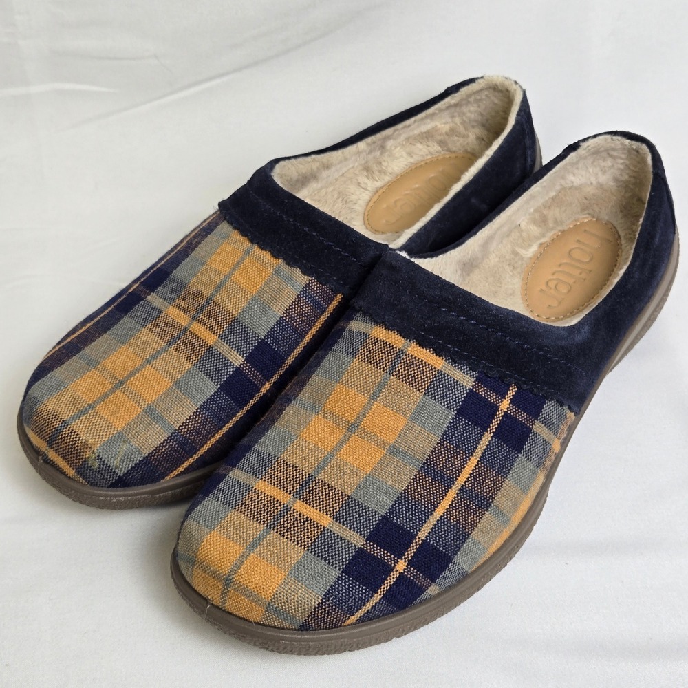 Hotter Devotion Tartan Plaid Slip-On Mule Slippers Faux Fur Lining Cottage US 6